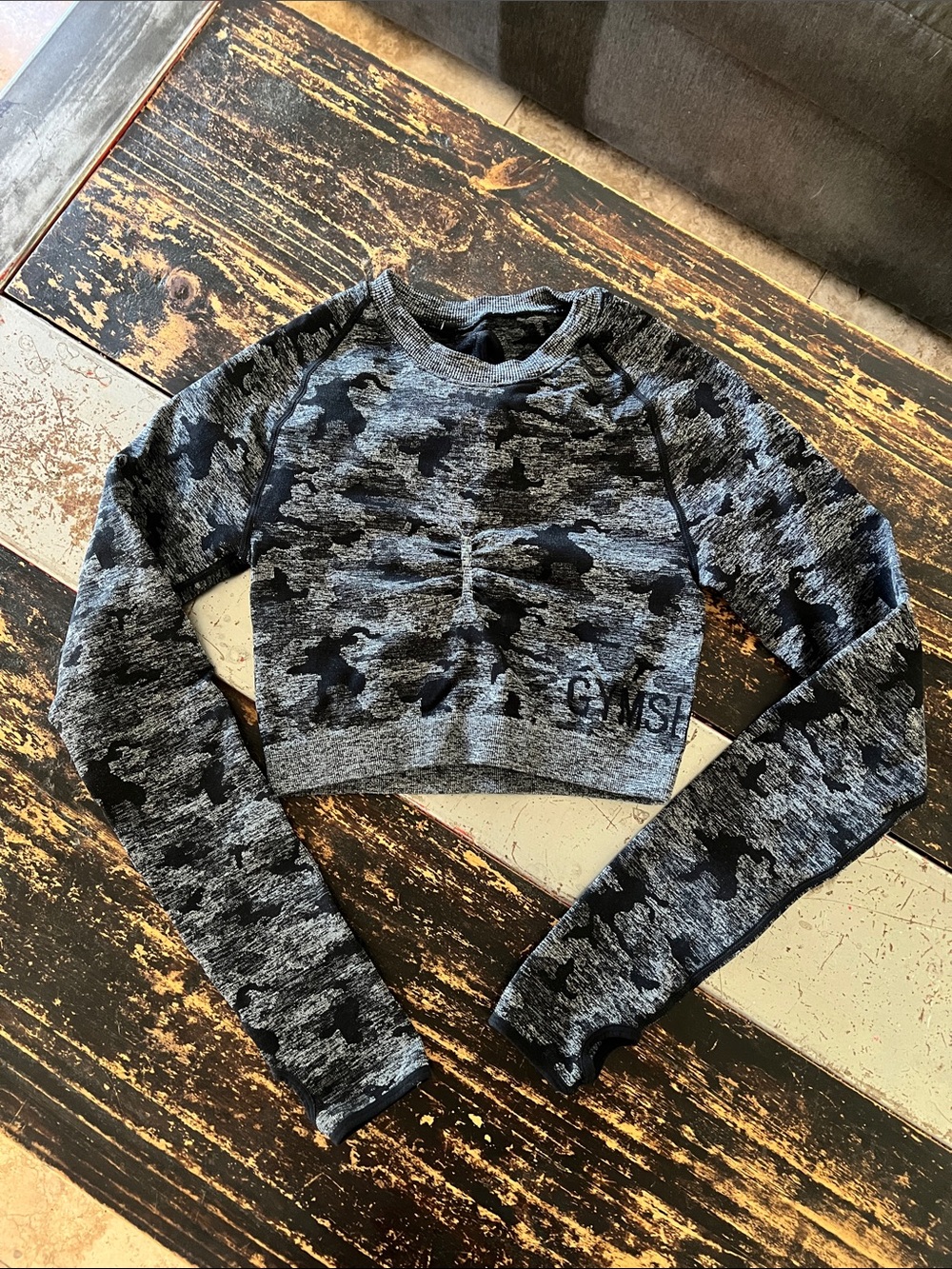 Gymshark Gray Camo Long-Sleeve Cropped Active Top